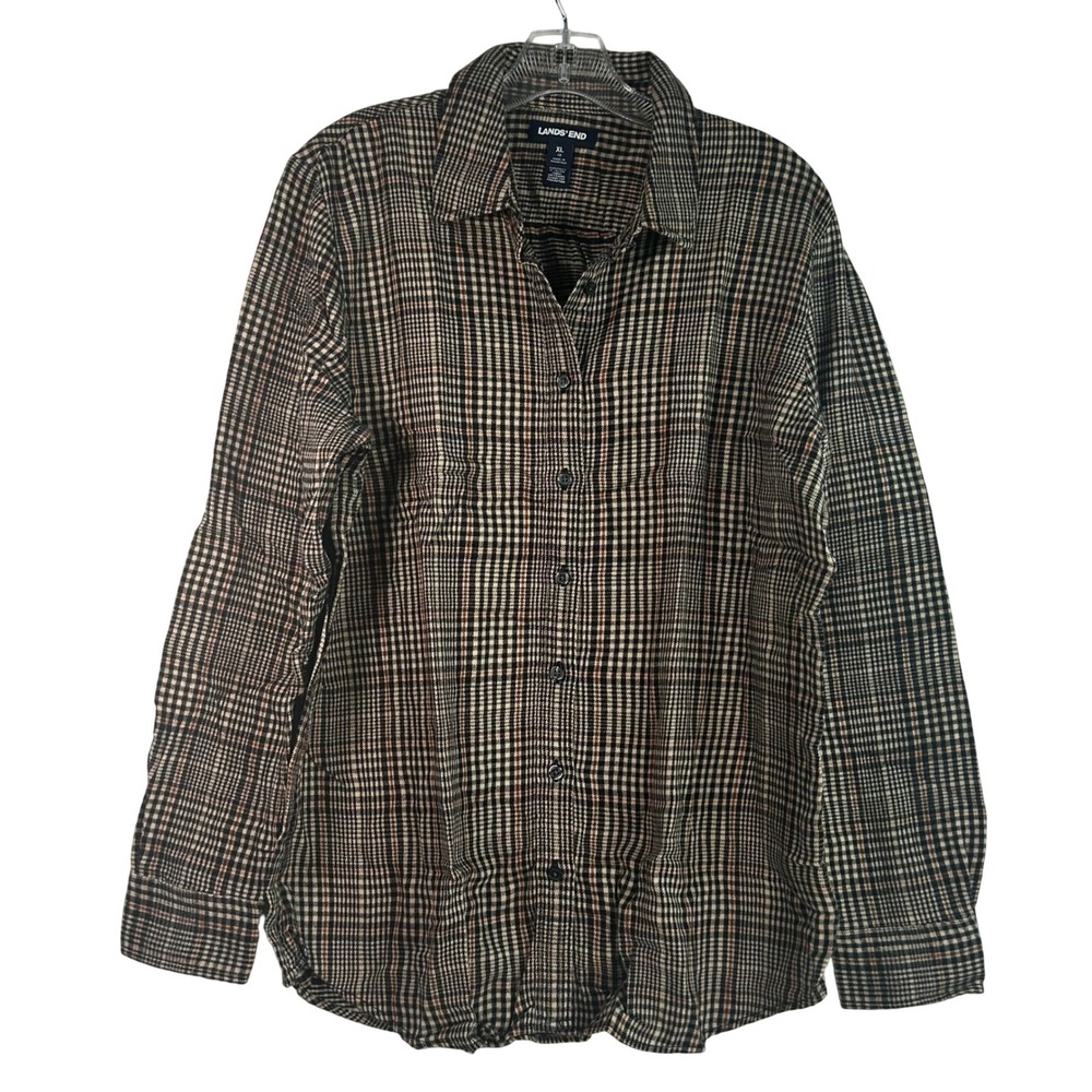 Lands' End Womens XL 18 Prince of Wales Plaid Cotton Button Down Shirt 519651